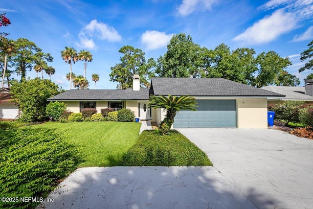 110 Abalone Ln W, Ponte Vedra Beach, FL 32082 - ranch-style house featuring a garage, a front yard, a chimney, driveway, and stucco siding