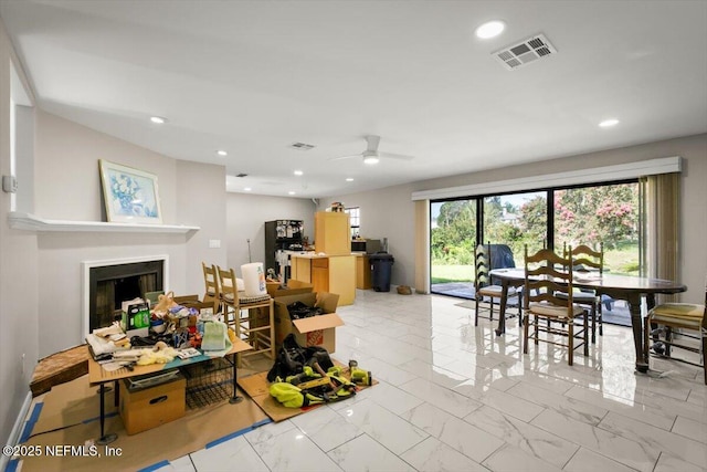 110 Abalone Ln W, Ponte Vedra Beach, FL 32082 - living area featuring light marble finish flooring, a fireplace, ceiling fan, and recessed lighting