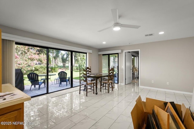 110 Abalone Ln W, Ponte Vedra Beach, FL 32082 - dining room featuring light marble finish flooring, recessed lighting, and a ceiling fan