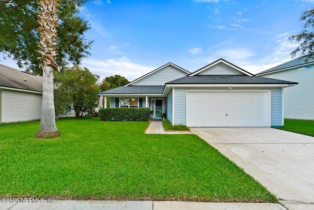 96220 Ridgewood Cir, Fernandina Beach, FL 32034 - ranch-style home with an attached garage, concrete driveway, a front yard, and roof with shingles