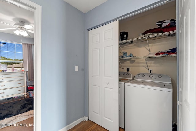 113 Oceangate Dr, Atlantic Beach, FL 32233 - laundry area featuring washer and clothes dryer, wood finished floors, and ceiling fan