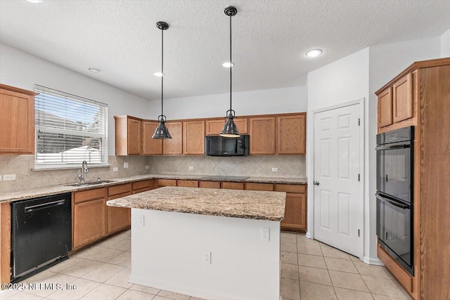 1415 Lantern Light Trl, Middleburg, FL 32068 - kitchen featuring black appliances, light tile patterned floors, a textured ceiling, backsplash, and decorative light fixtures