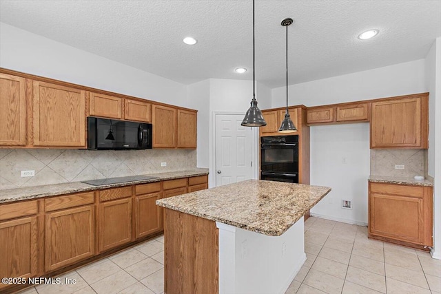 1415 Lantern Light Trl, Middleburg, FL 32068 - kitchen with black appliances, brown cabinetry, decorative backsplash, a textured ceiling, and recessed lighting