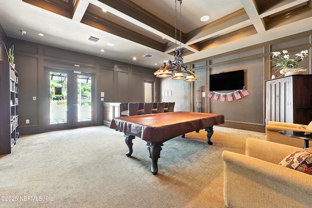 736 Tidewater Ct, Ponte Vedra Beach, FL 32082 - game room with a decorative wall, coffered ceiling, billiards table, ornamental molding, and beam ceiling