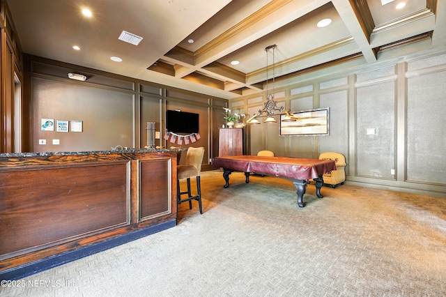736 Tidewater Ct, Ponte Vedra Beach, FL 32082 - rec room with coffered ceiling, a decorative wall, beamed ceiling, carpet, and pool table