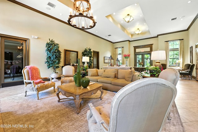 736 Tidewater Ct, Ponte Vedra Beach, FL 32082 - living area featuring a chandelier, recessed lighting, light tile patterned floors, crown molding, and a raised ceiling