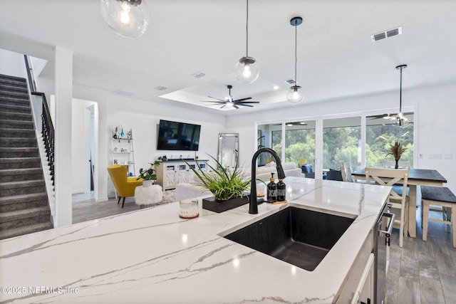 816 Blind Oak Way, Middleburg, FL 32068 - kitchen featuring light stone counters, open floor plan, light wood-style floors, a raised ceiling, and a ceiling fan
