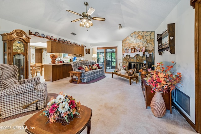 4253 Chokeberry Rd, Middleburg, FL 32068 - living room with a fireplace, light colored carpet, lofted ceiling, and ceiling fan
