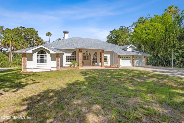 1465 Lambert Ave, Flagler Beach, FL 32136 - ranch-style house featuring driveway, an attached garage, a front lawn, roof with shingles, and brick siding
