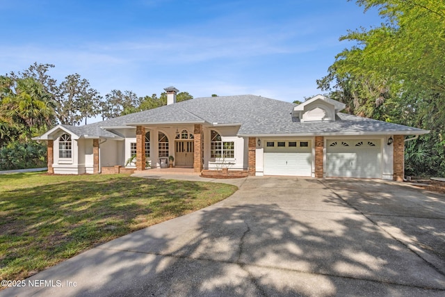 1465 Lambert Ave, Flagler Beach, FL 32136 - view of front of house with a garage, concrete driveway, a front yard, and brick siding