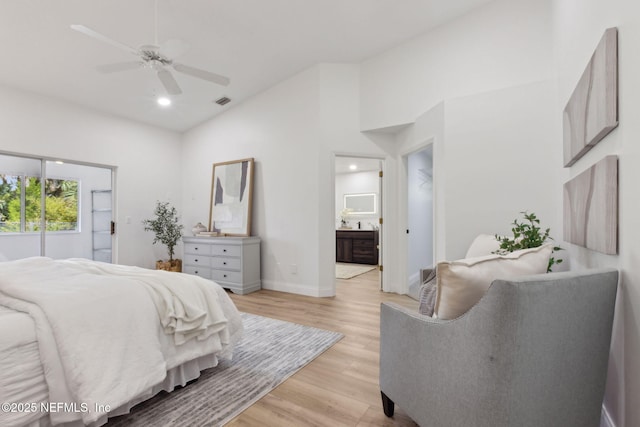 1465 Lambert Ave, Flagler Beach, FL 32136 - bedroom featuring light wood-type flooring, recessed lighting, ensuite bath, ceiling fan, and high vaulted ceiling