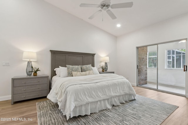 1465 Lambert Ave, Flagler Beach, FL 32136 - bedroom with light wood finished floors, access to outside, high vaulted ceiling, ceiling fan, and recessed lighting