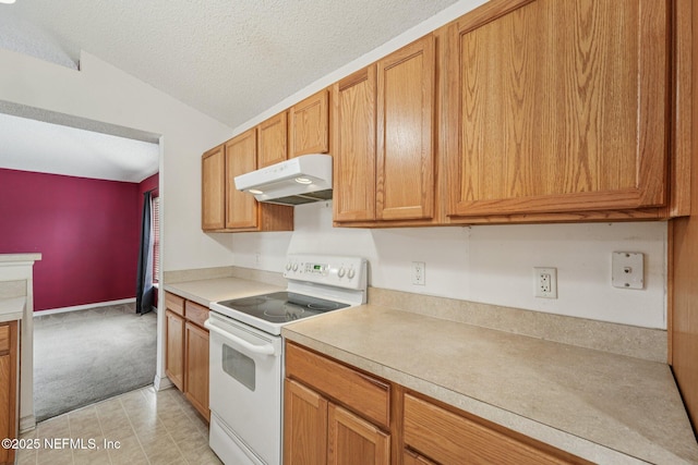 3005 Sunset Ridge Dr, Middleburg, FL 32068 - kitchen featuring white range with electric cooktop, under cabinet range hood, light countertops, a textured ceiling, and light carpet