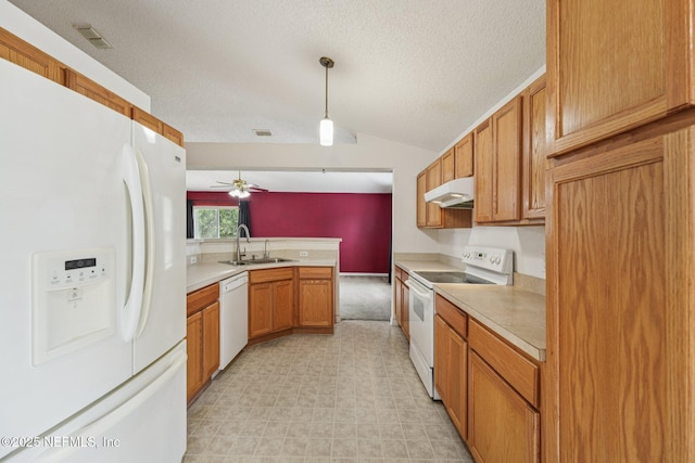 3005 Sunset Ridge Dr, Middleburg, FL 32068 - kitchen with white appliances, under cabinet range hood, lofted ceiling, light countertops, and a ceiling fan
