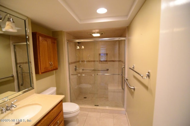 1810 Sevilla Blvd Unit 202, Atlantic Beach, FL 32233 - bathroom featuring vanity, a stall shower, tile patterned floors, a raised ceiling, and recessed lighting