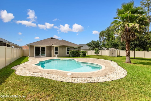 94032 Woodbrier Cir, Fernandina Beach, FL 32034 - view of pool with a storage shed, a fenced backyard, and a patio