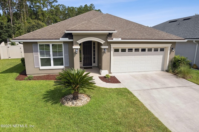 94032 Woodbrier Cir, Fernandina Beach, FL 32034 - ranch-style home with stucco siding, an attached garage, roof with shingles, and concrete driveway