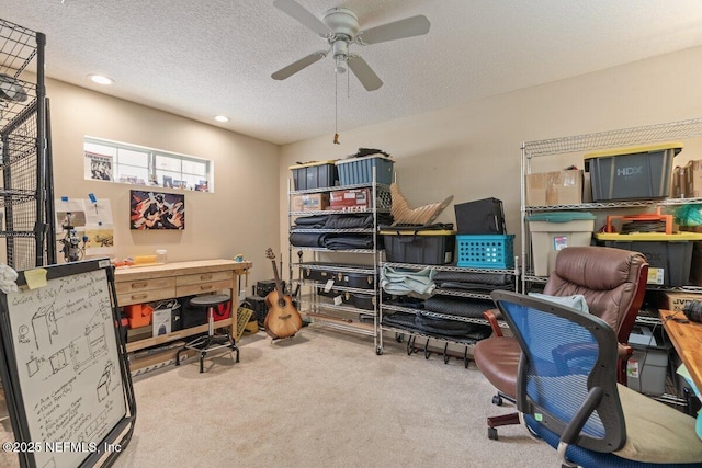 2348 Seminole Reach Ct, Atlantic Beach, FL 32233 - office area featuring carpet floors, a ceiling fan, recessed lighting, and a textured ceiling