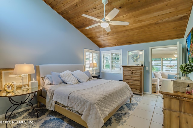 315 20th St, Atlantic Beach, FL 32233 - bedroom with multiple windows, wood ceiling, vaulted ceiling, light tile patterned flooring, and a ceiling fan