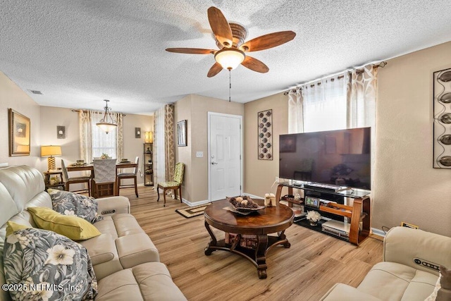 2548 Haywood Estates Ln, Jacksonville, FL 32233 - living room with a ceiling fan, light wood-style flooring, and a textured ceiling