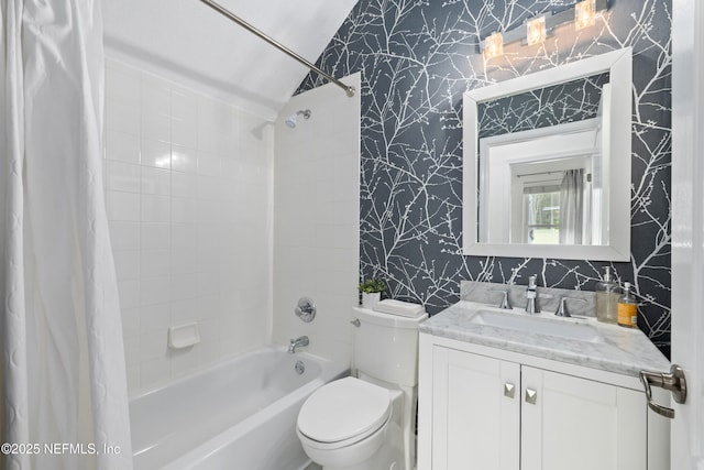 1563 Tawny Marsh Ct, Saint Augustine, FL 32092 - full bath featuring wallpapered walls, vaulted ceiling, shower / tub combo, and vanity