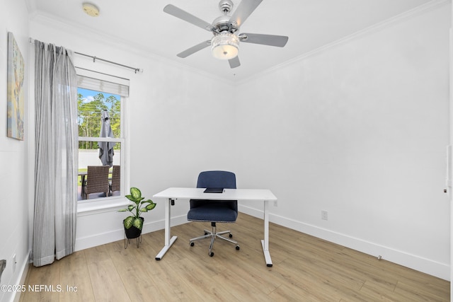 1563 Tawny Marsh Ct, Saint Augustine, FL 32092 - office area featuring wood finished floors, ornamental molding, and ceiling fan
