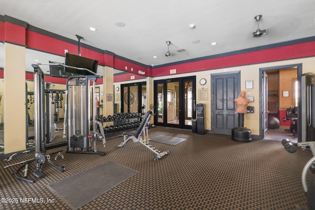 10435 Mid Town Pkwy Unit 265, Jacksonville, FL 32246 - gym featuring french doors, recessed lighting, and carpet floors