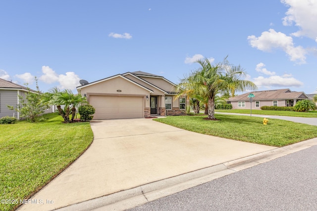 222 Green Turtle Ln, Saint Augustine, FL 32086 - view of front of property featuring an attached garage, a front yard, driveway, stucco siding, and stone siding