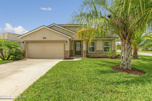 222 Green Turtle Ln, Saint Augustine, FL 32086 - view of front of house featuring stucco siding, stone siding, concrete driveway, a garage, and a front yard