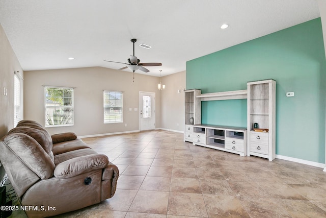 222 Green Turtle Ln, Saint Augustine, FL 32086 - living room featuring ceiling fan, lofted ceiling, and recessed lighting