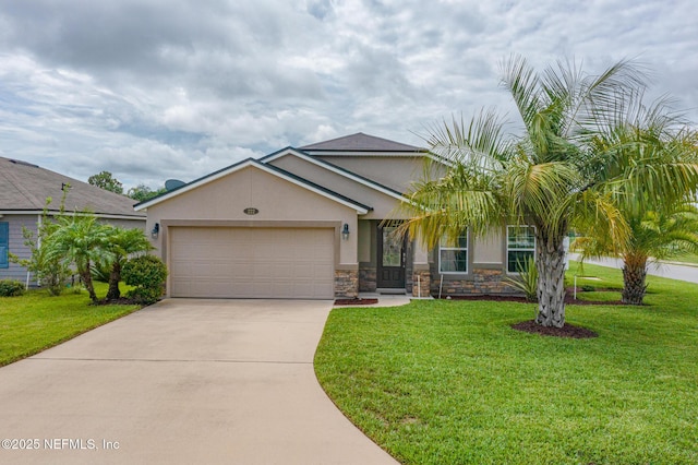 222 Green Turtle Ln, Saint Augustine, FL 32086 - view of front of home with concrete driveway, a garage, a front yard, and stone siding