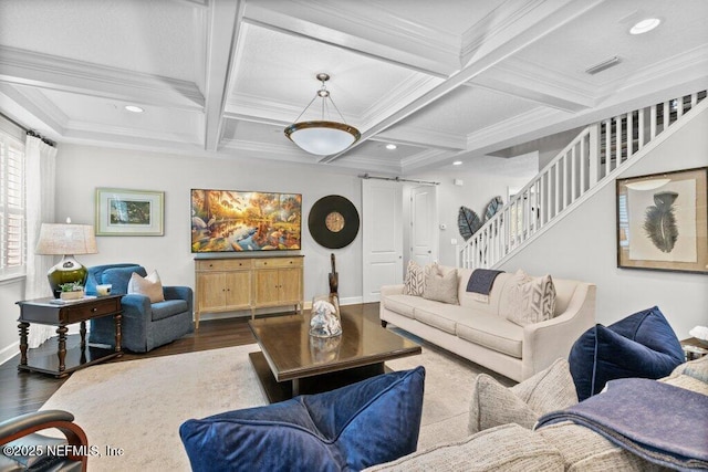 26 Traveler Palm Ct, Ponte Vedra Beach, FL 32082 - living room with wood finished floors, stairway, coffered ceiling, beamed ceiling, and crown molding
