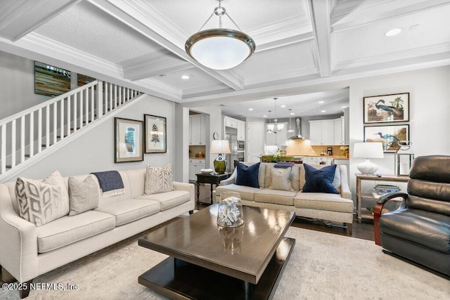 26 Traveler Palm Ct, Ponte Vedra Beach, FL 32082 - living room featuring coffered ceiling, recessed lighting, beamed ceiling, wood finished floors, and stairway