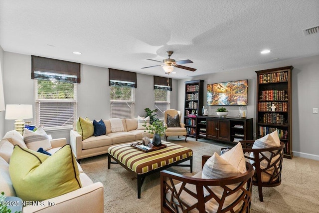 26 Traveler Palm Ct, Ponte Vedra Beach, FL 32082 - living area with light carpet, ceiling fan, a textured ceiling, and recessed lighting