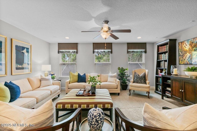26 Traveler Palm Ct, Ponte Vedra Beach, FL 32082 - living area with light carpet, a ceiling fan, a textured ceiling, and recessed lighting