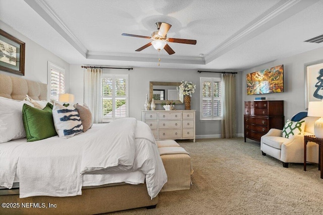 26 Traveler Palm Ct, Ponte Vedra Beach, FL 32082 - bedroom featuring a tray ceiling, carpet flooring, a ceiling fan, and ornamental molding
