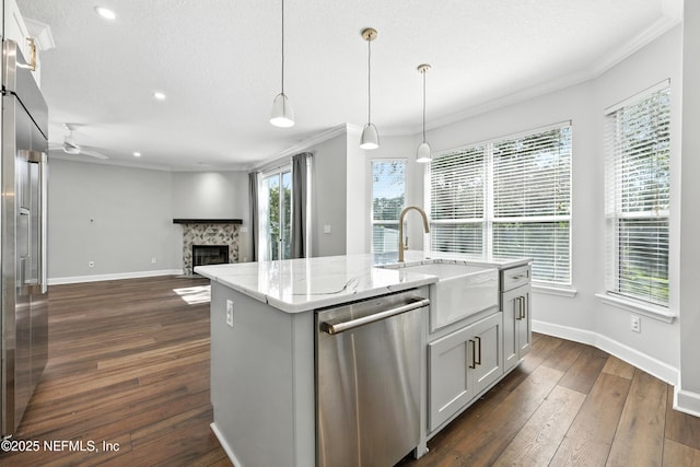 12490 Tropic Dr, Jacksonville, FL 32225 - kitchen with stainless steel appliances, crown molding, dark wood finished floors, a fireplace, and light stone counters