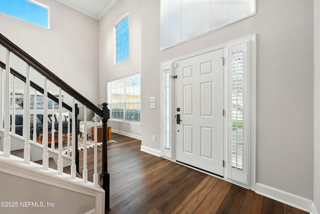 12490 Tropic Dr, Jacksonville, FL 32225 - entrance foyer with dark wood-type flooring, crown molding, stairs, and a high ceiling