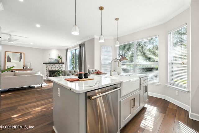 12490 Tropic Dr, Jacksonville, FL 32225 - kitchen with dishwasher, plenty of natural light, crown molding, dark wood-style floors, and a stone fireplace