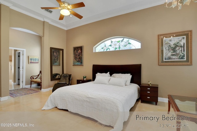1521 Nottingham Knoll Dr, Jacksonville, FL 32225 - bedroom with ornamental molding, a high ceiling, tile patterned flooring, a chandelier, and a ceiling fan