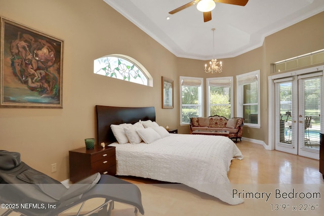 1521 Nottingham Knoll Dr, Jacksonville, FL 32225 - bedroom with access to exterior, multiple windows, a chandelier, a towering ceiling, and light tile patterned floors