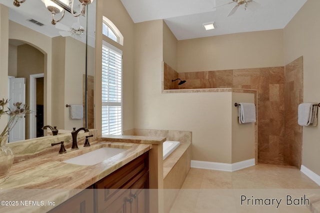 1521 Nottingham Knoll Dr, Jacksonville, FL 32225 - bathroom with walk in shower, vanity, a bath, ceiling fan, and tile patterned floors