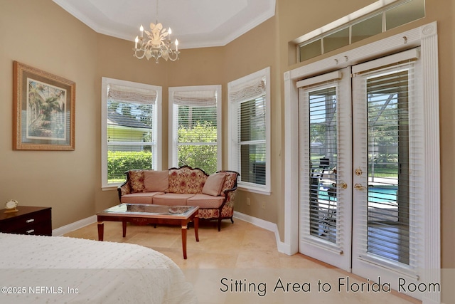 1521 Nottingham Knoll Dr, Jacksonville, FL 32225 - bedroom with access to outside, a chandelier, multiple windows, crown molding, and light tile patterned floors