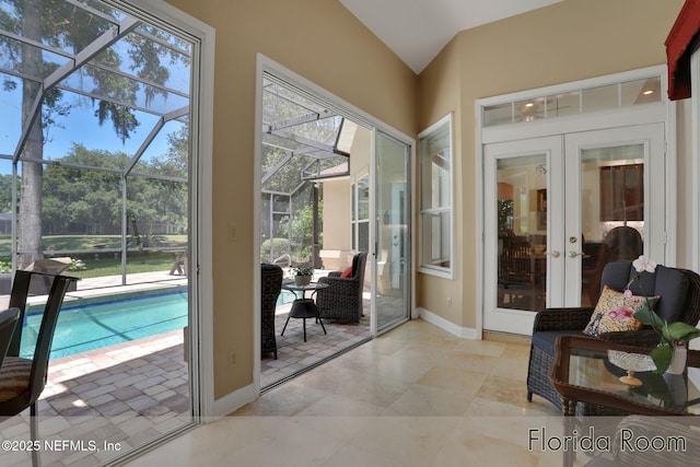 1521 Nottingham Knoll Dr, Jacksonville, FL 32225 - sunroom / solarium featuring french doors, lofted ceiling, and a pool