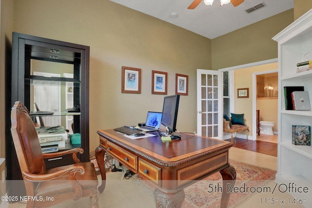 1521 Nottingham Knoll Dr, Jacksonville, FL 32225 - home office featuring a ceiling fan, french doors, and wood finished floors