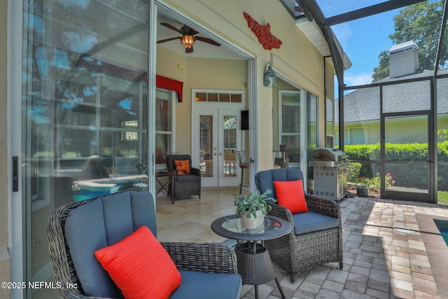 1521 Nottingham Knoll Dr, Jacksonville, FL 32225 - sunroom featuring french doors, a ceiling fan, and an outdoor hangout area