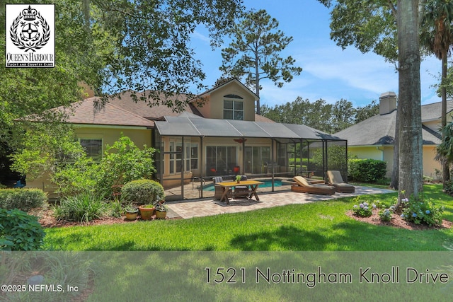 1521 Nottingham Knoll Dr, Jacksonville, FL 32225 - rear view of house featuring a patio area, an outdoor pool, a lawn, glass enclosure, and stucco siding
