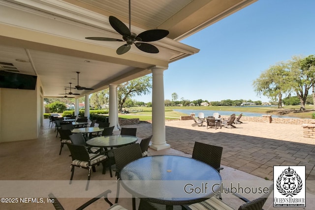 1521 Nottingham Knoll Dr, Jacksonville, FL 32225 - view of patio / terrace with outdoor dining space, ceiling fan, and a water view