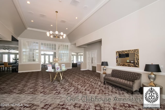 1521 Nottingham Knoll Dr, Jacksonville, FL 32225 - carpeted living area with crown molding, a chandelier, healthy amount of natural light, recessed lighting, and a towering ceiling