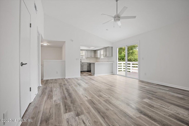 631-633 Main St, Atlantic Beach, FL 32233 - unfurnished living room featuring a ceiling fan, light wood finished floors, and high vaulted ceiling